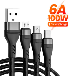 3 in 1 100W Charging Cable 6A Lightning Micro USB Type-C Fast Charger  USB C Cable Data Cable for IPhone Samsung Xiaomi Huawei 1
